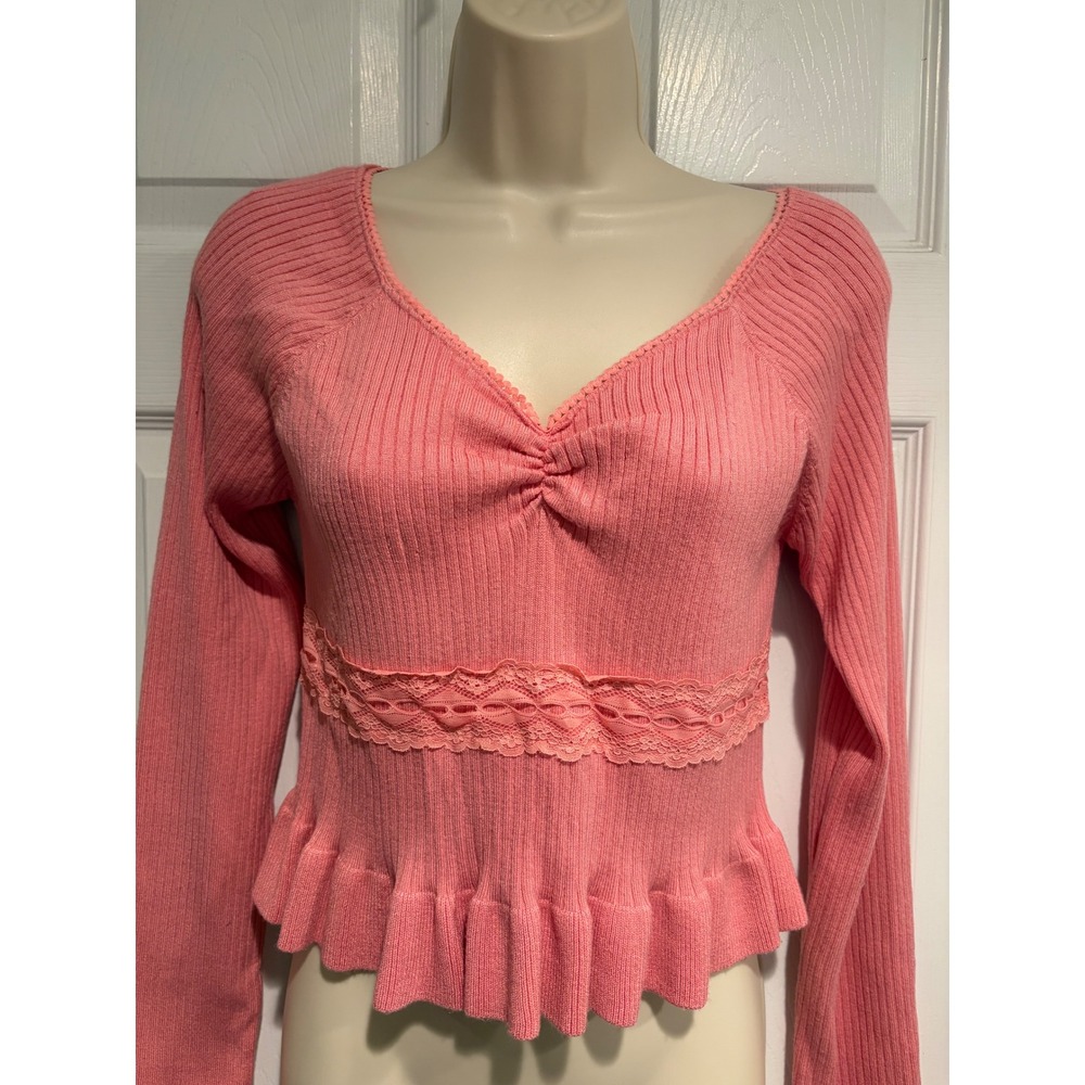 Love Tree Pink Ribbed Knit Peplum Top Lace V-Neck Long Sleeve M Boho Coquette